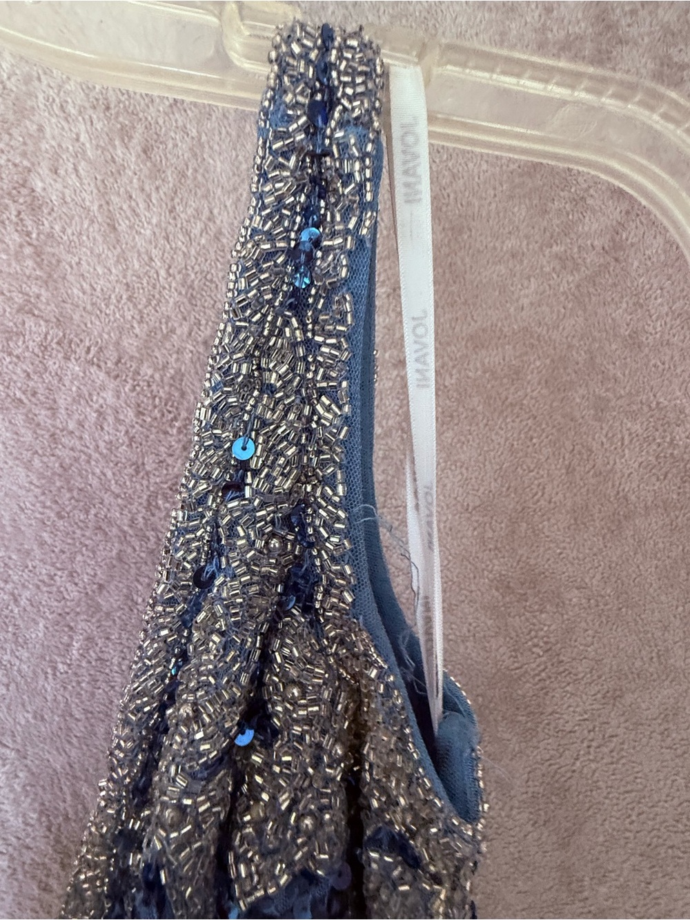 Jovani Blue Silver Sequin Fringe One-Shoulder Dress Sz 0 - Picture 12 of 16